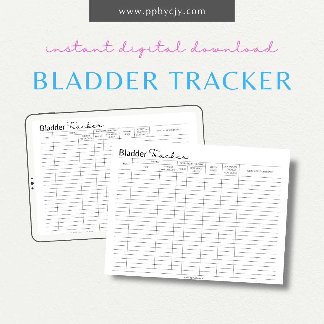 Bladder Tracker Printable PDF Template for monitoring urination, fluid intake, and bladder health

