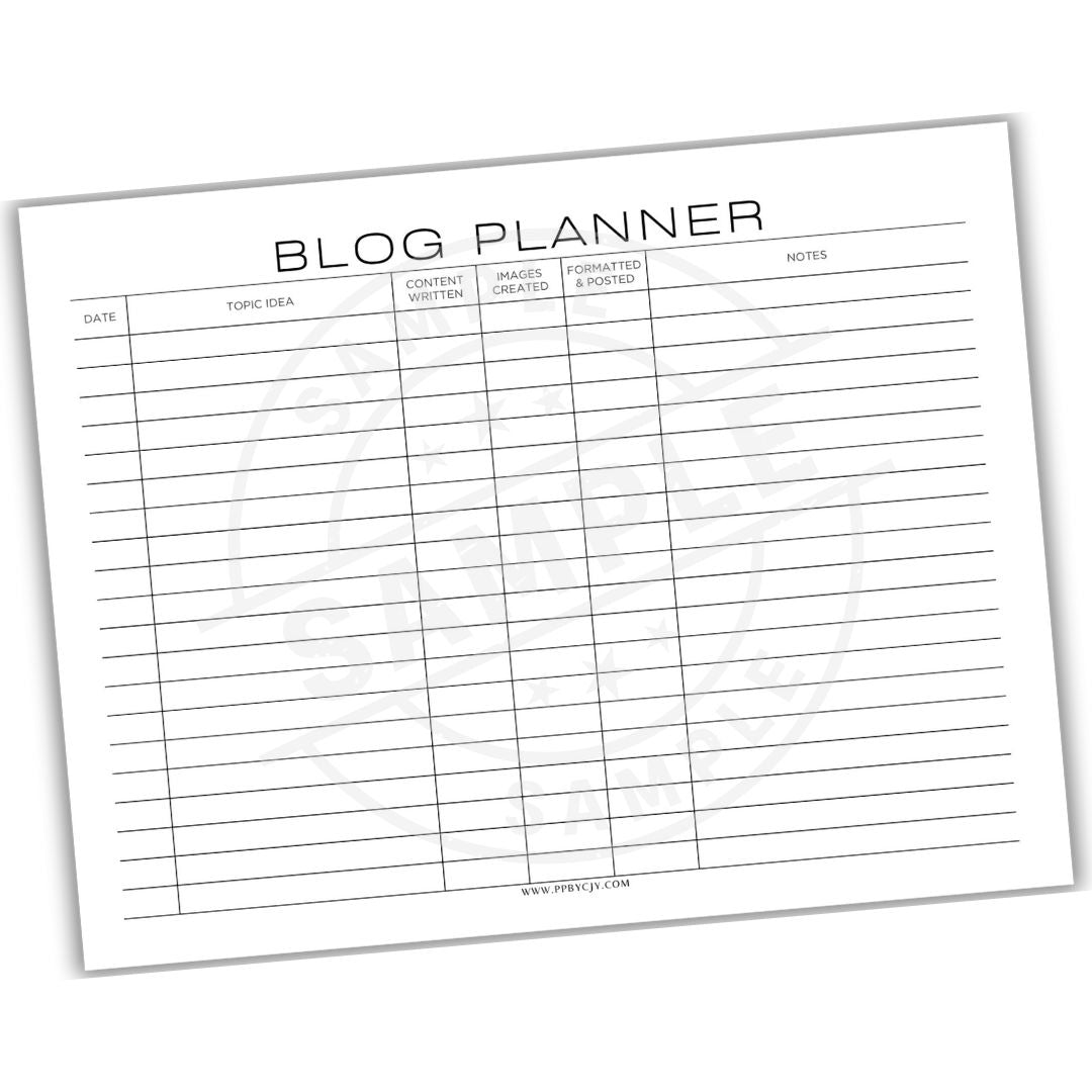 Blog planner sheet with columns for date, topic idea, content writer, images created, posts formatted, and notes.