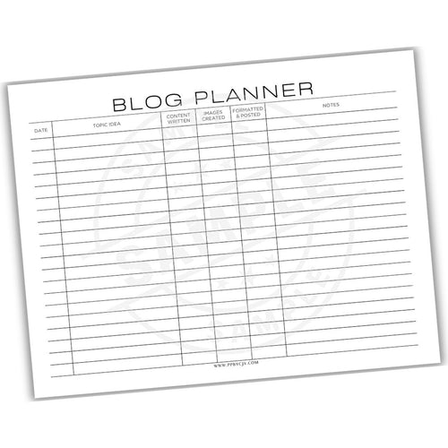 Blog planner sheet with columns for date, topic idea, content writer, images created, posts formatted, and notes.