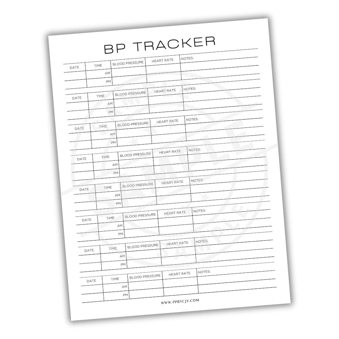 BP tracker sheet with columns for date, time, blood pressure, heart rate, and notes on a white background.