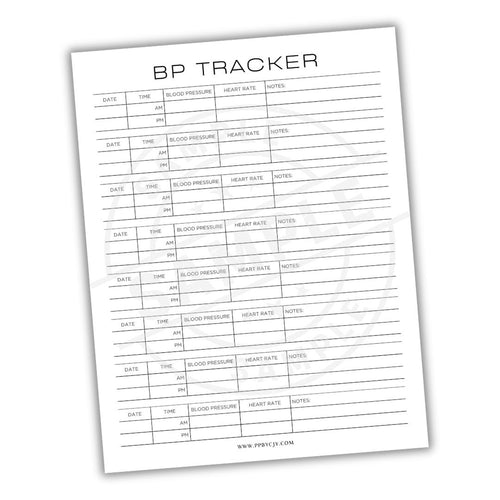 BP tracker sheet with columns for date, time, blood pressure, heart rate, and notes on a white background.