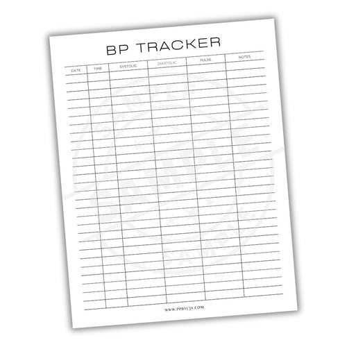 BP tracker sheet with columns for date, time, systolic, diastolic, pulse, and notes on a white background.