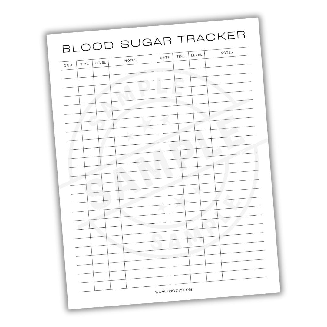 Blood sugar tracker sheet with columns for date, time, level, and notes on a white background.