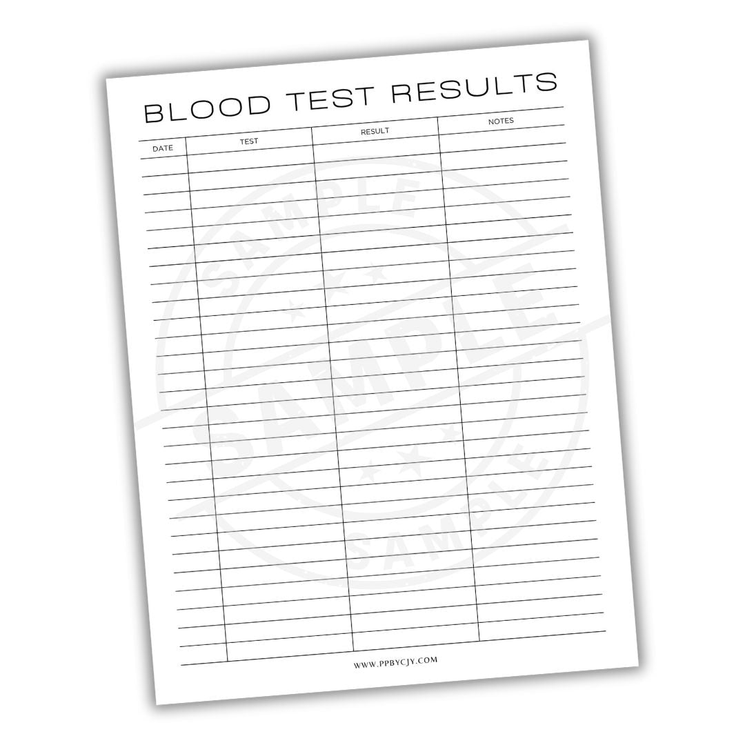 Blood test results sheet with columns for date, test, result, and notes on a white background.