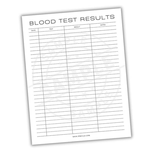 Blood test results sheet with columns for date, test, result, and notes on a white background.