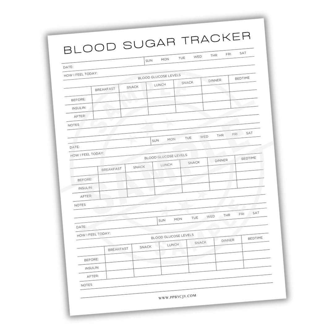 Blood sugar tracker sheet on a white background