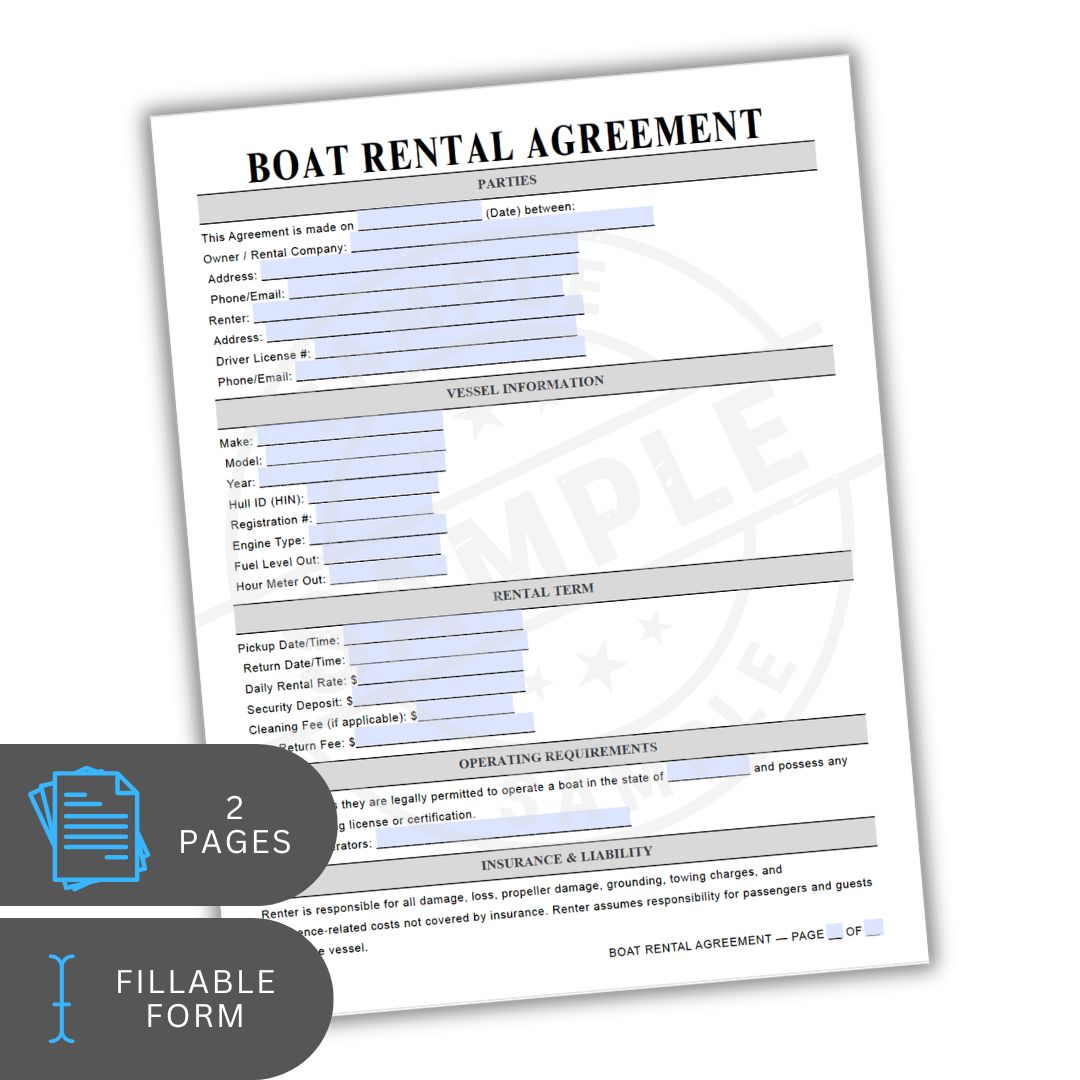 Boat rental agreement form with fillable text on a white background