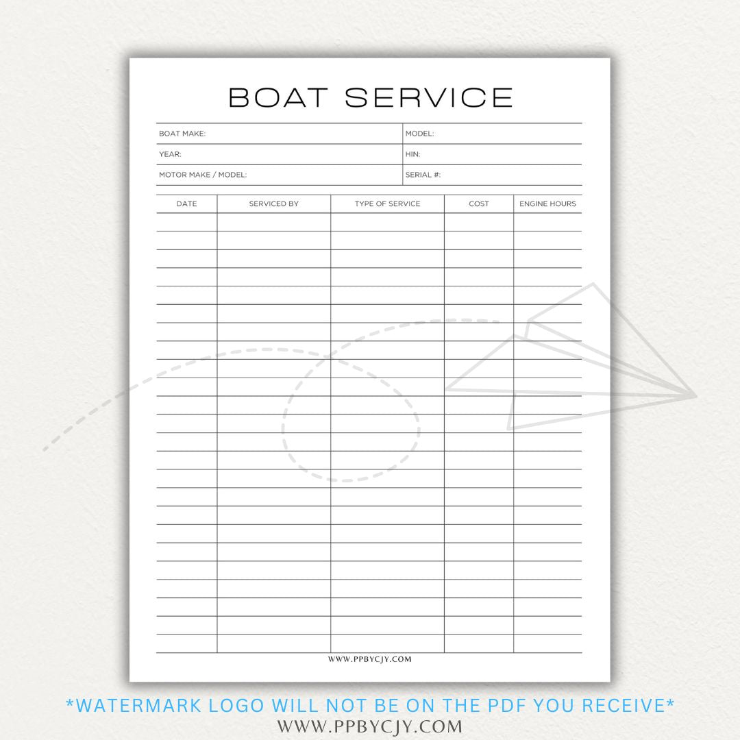 Boat service and trip log printable PDF template bundle with service logs, trip logs, maintenance schedules, and fuel tracking.

