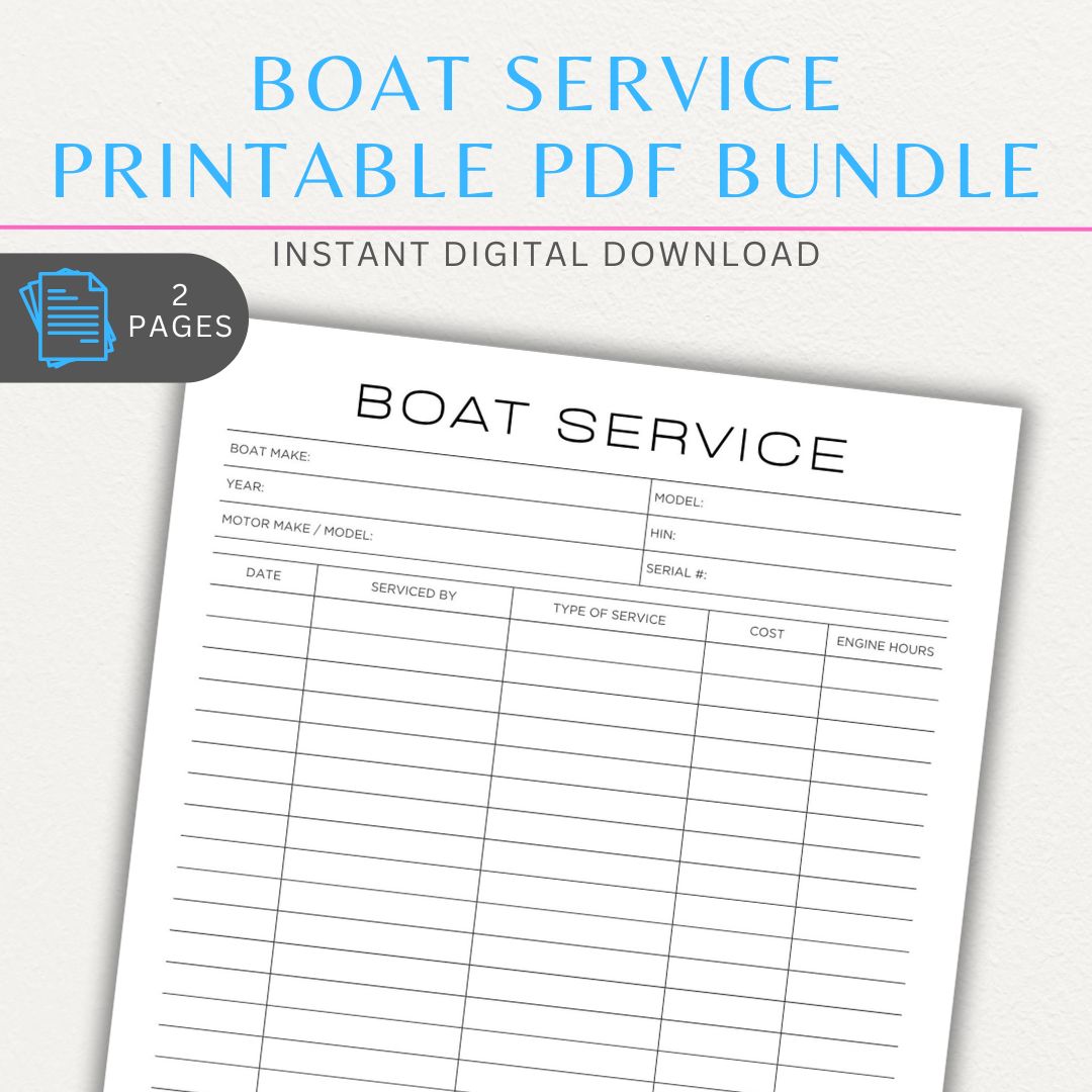 Boat service and trip log printable PDF template bundle with service logs, trip logs, maintenance schedules, and fuel tracking.

