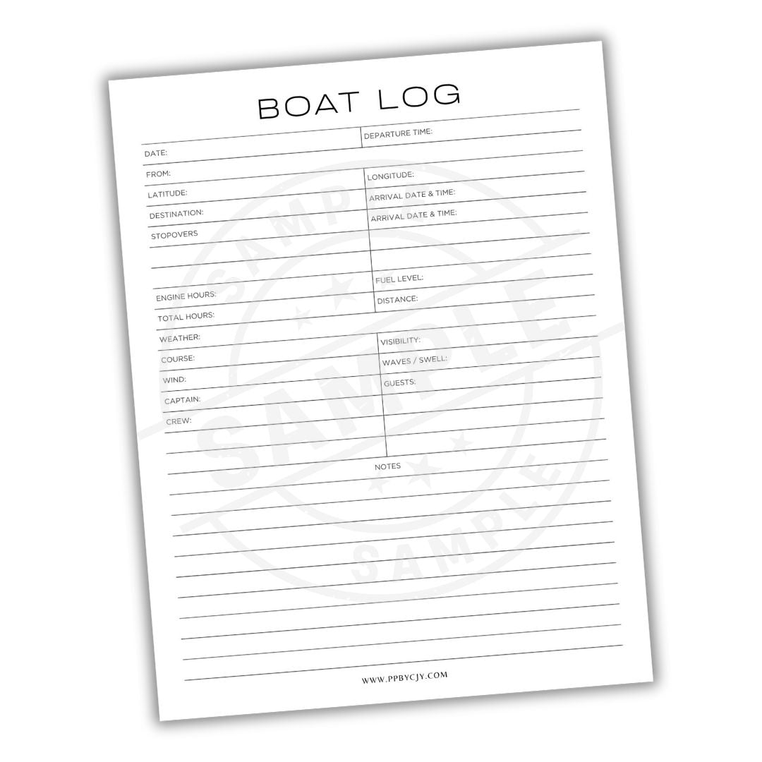 Sheet of paper with 'Boat Log' headings and lines for recording information on a white background.