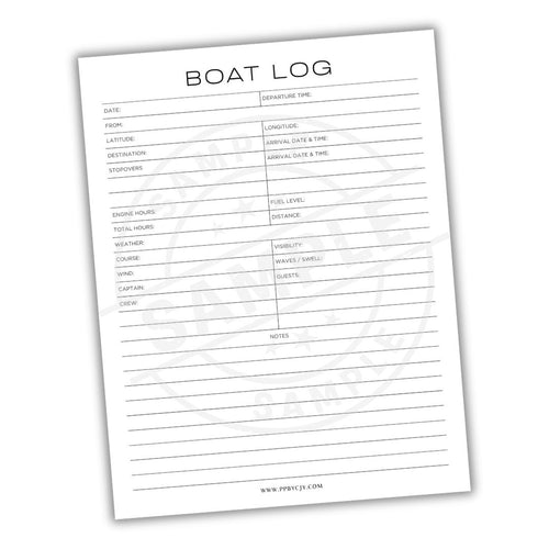 Sheet of paper with 'Boat Log' headings and lines for recording information on a white background.