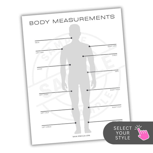 Body measurements chart with a silhouette of a person on a white background