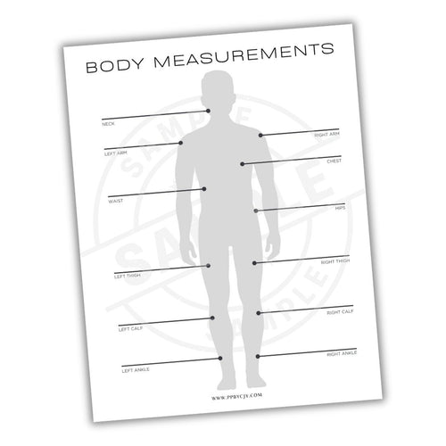 Body measurements chart with a silhouette of a person on a white background