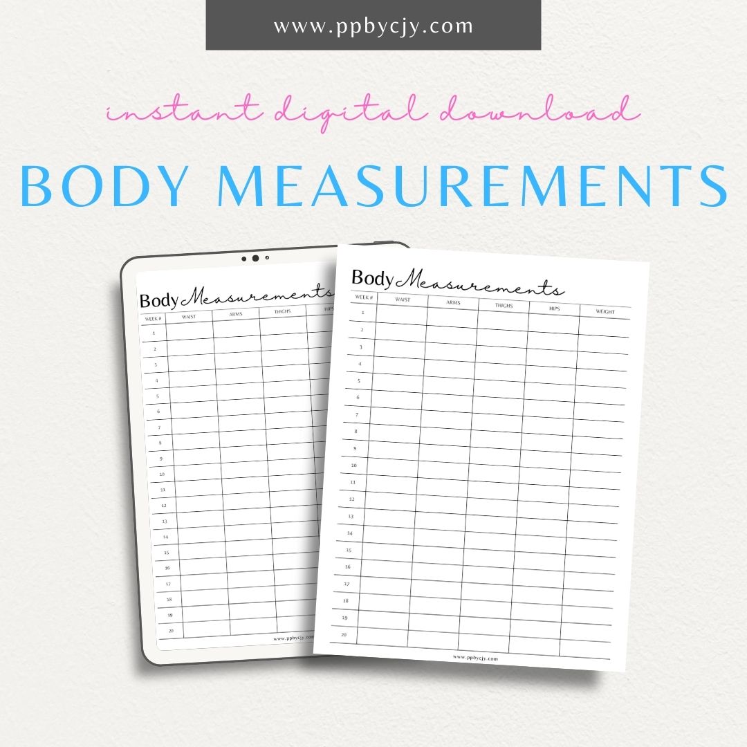 Body Measurements Tracker Printable PDF Template for tracking fitness progress and body changes

