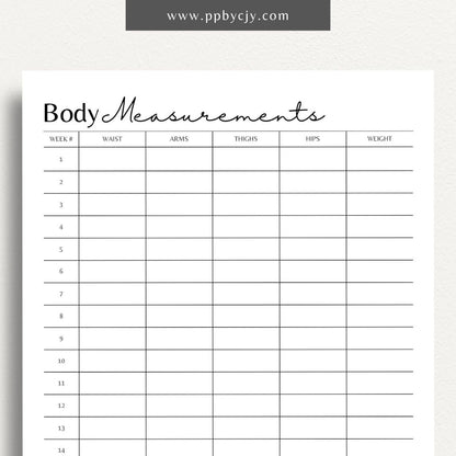 Body Measurements Tracker Printable PDF Template for tracking fitness progress and body changes

