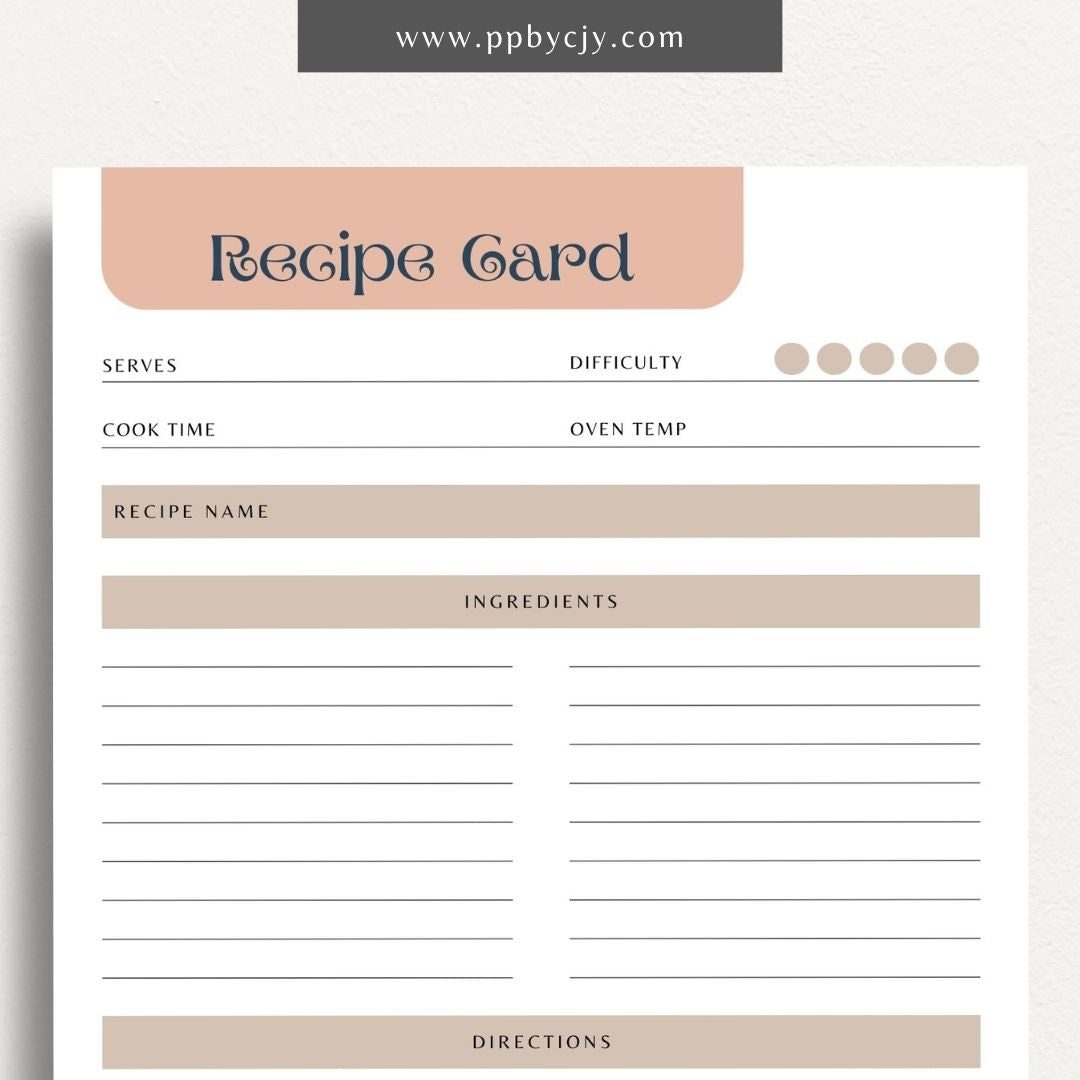 Recipe Card Printable Template – Digital download for organizing and documenting your favorite recipes and cooking instructions