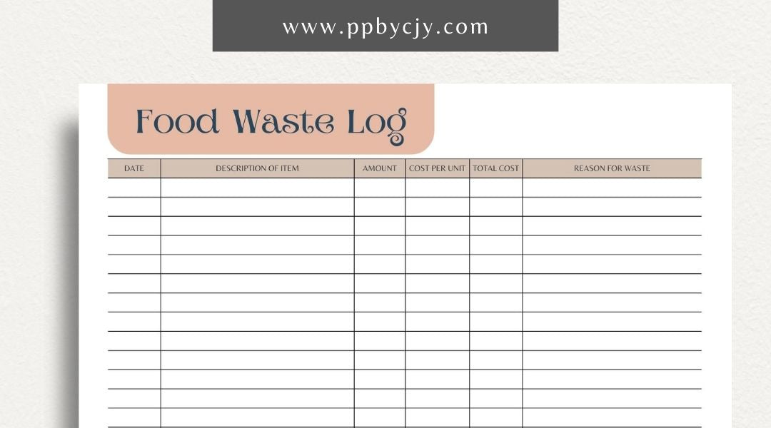 Restaurant Waste Log Printable Template – Digital download for tracking and managing waste in a restaurant, including types, quantities, and reasons for disposal