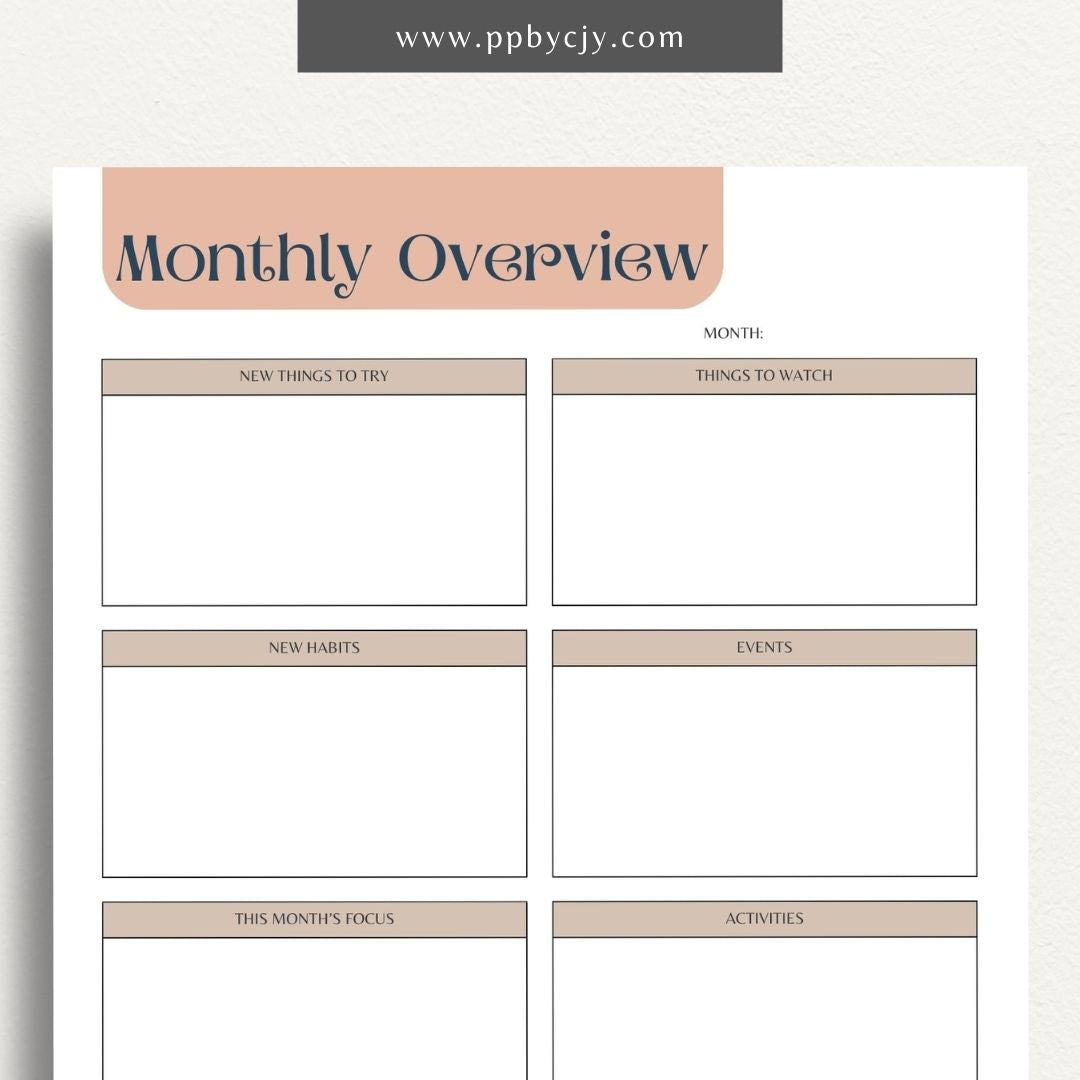 Monthly Overview Printable Template – Digital download for planning monthly schedules, setting goals, and organizing tasks.