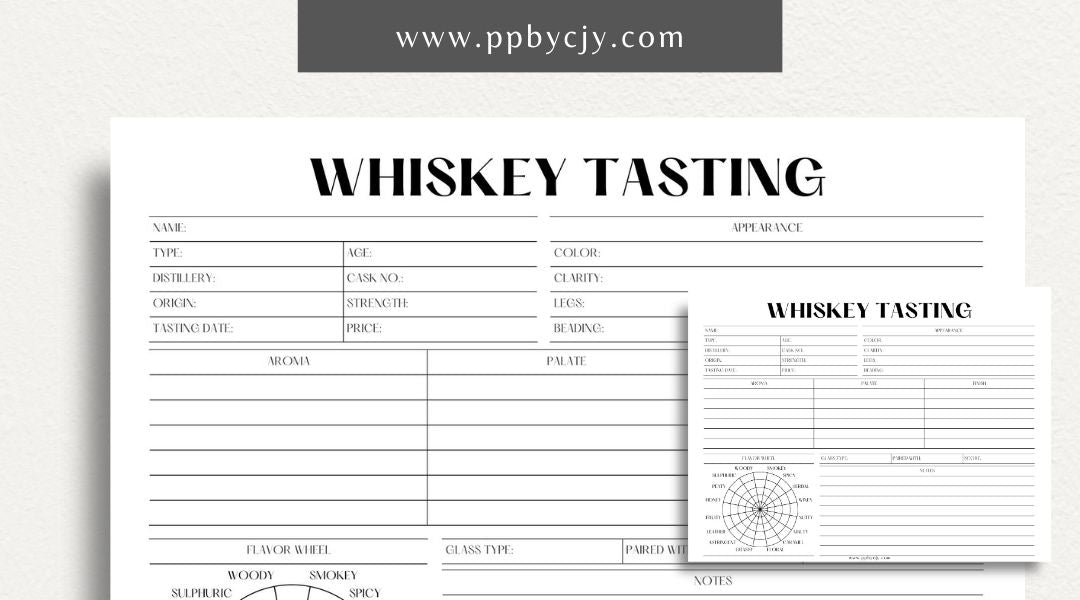 Whiskey Tasting Scorecard Printable Template – Digital download for evaluating and recording whiskey tastings, including sections for scoring aroma, flavor, finish, and overall impressions