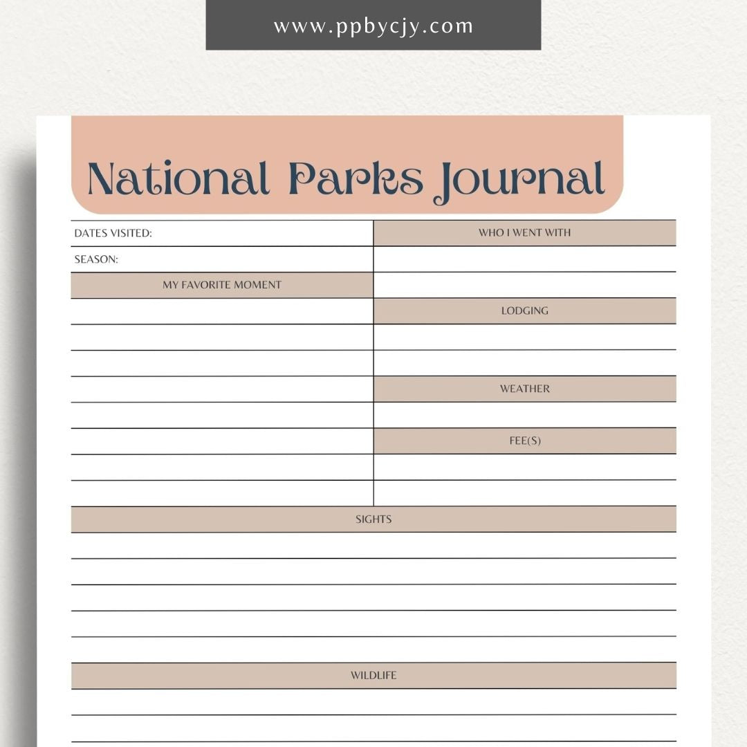 National Park Journal Printable Template – Digital download for tracking national park visits, hikes, wildlife, and more.