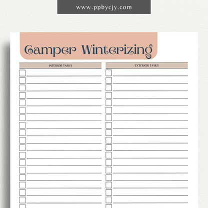 Camper Winterizing Sheet Printable Template – Digital Download for Organizing and Tracking Winterizing Tasks for Campers