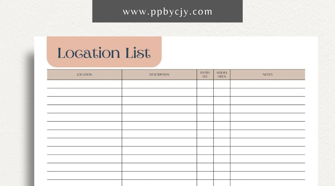 Photography Location List Printable Template – Digital download for organizing and tracking photography spots, photoshoot planning, and location details