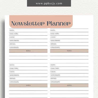 Newsletter Planner Printable Template – Digital download for organizing email campaigns, content scheduling, and newsletter planning