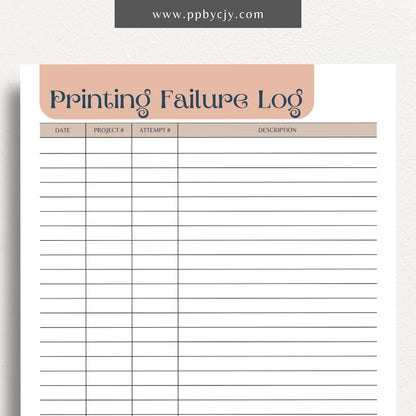 3D Printer Failure Log Printable Template – Digital download for documenting and tracking 3D printer errors, troubleshooting steps, and failure incidents