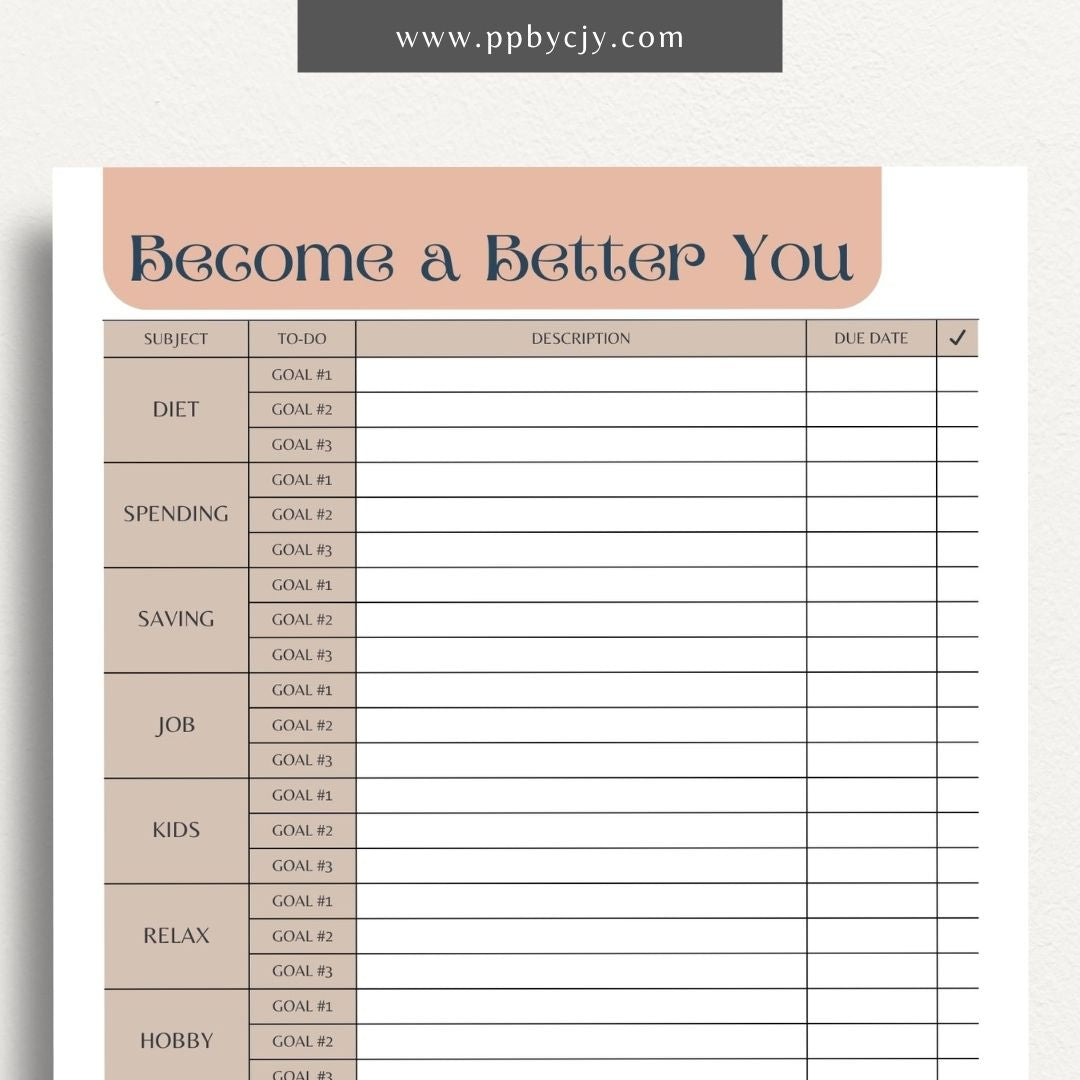 Become a Better You Worksheet Printable Template – Digital download for personal development and self-improvement tracking.