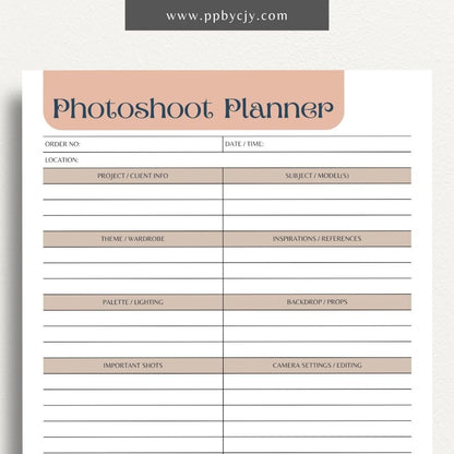 Photoshoot Planner Printable Template – Digital download for organizing and planning photography sessions, shot lists, schedules, and equipment"