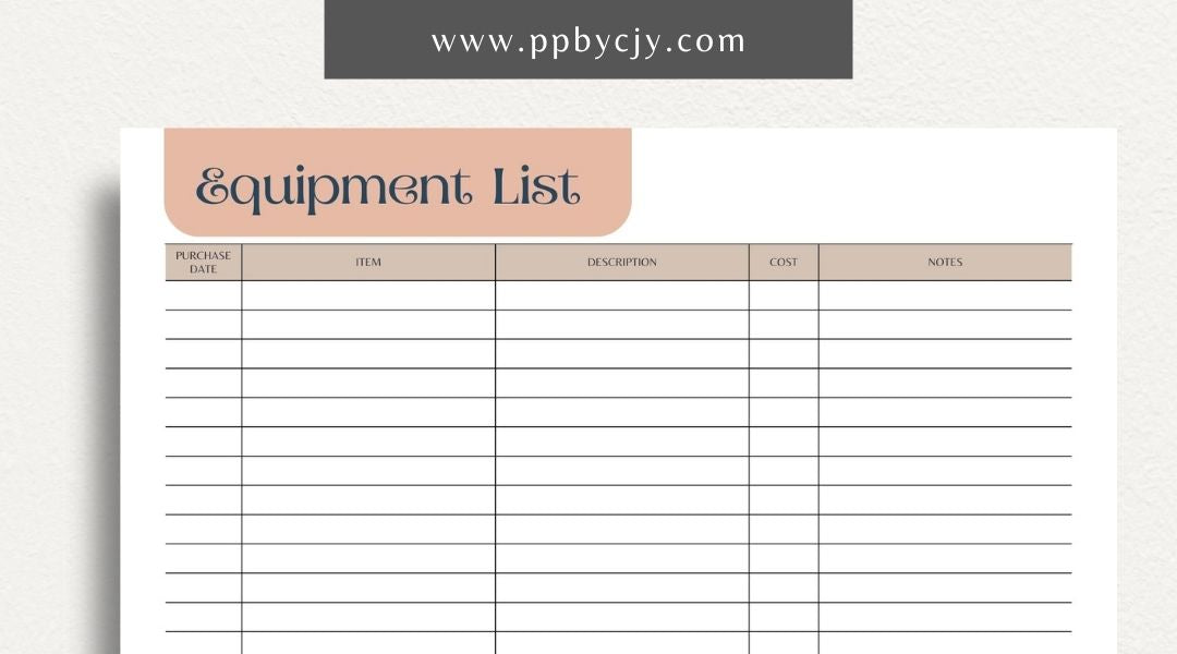 Equipment & Machine List Printable Template – Digital download for tracking and organizing machinery, maintenance schedules, and equipment inventory