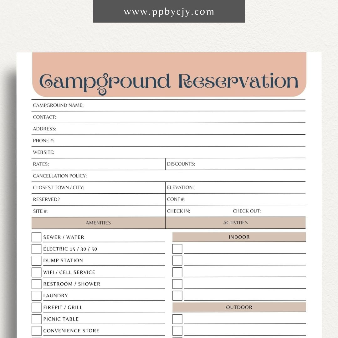 Campground Reservation Sheet Printable Template – Digital Download for Organizing and Managing Campground Reservations