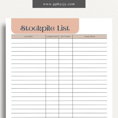 Stockpile List Printable Template – Digital download for tracking and organizing emergency supplies, food, water, and essentials inventory