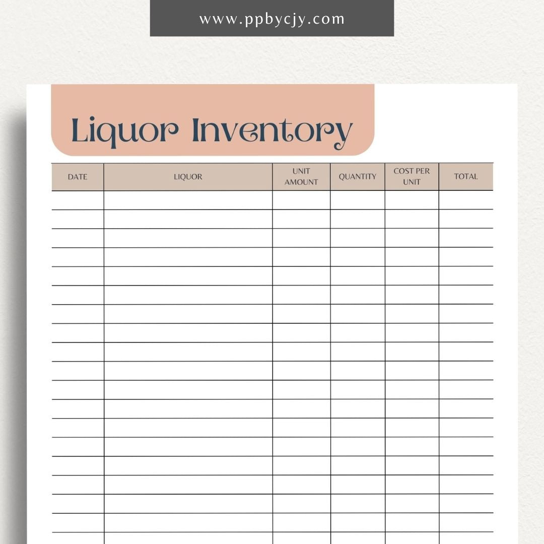 Liquor Inventory Printable Template – Digital download for organizing and managing your collection of liquor, including quantities, types, and locations.