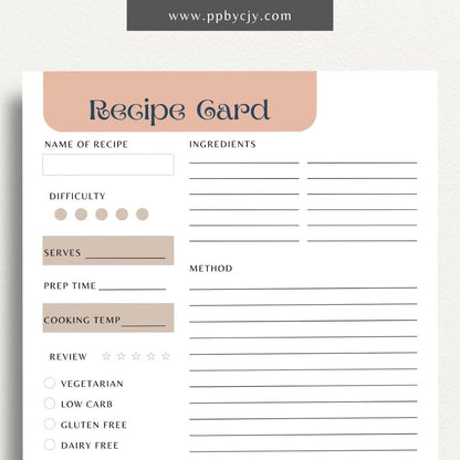 Recipe Card Printable Template – Digital download for organizing and documenting your favorite recipes and cooking instructions