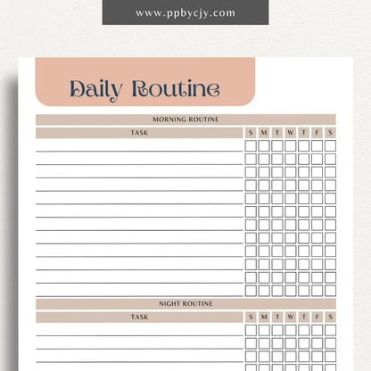 Daily Routine Printable Template – Digital download for planning and organizing daily schedules, tracking habits, and boosting productivity.