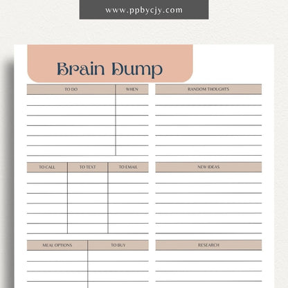 Brain Dump Worksheet Printable – Digital download for organizing thoughts, ideas, and tasks to achieve mental clarity.