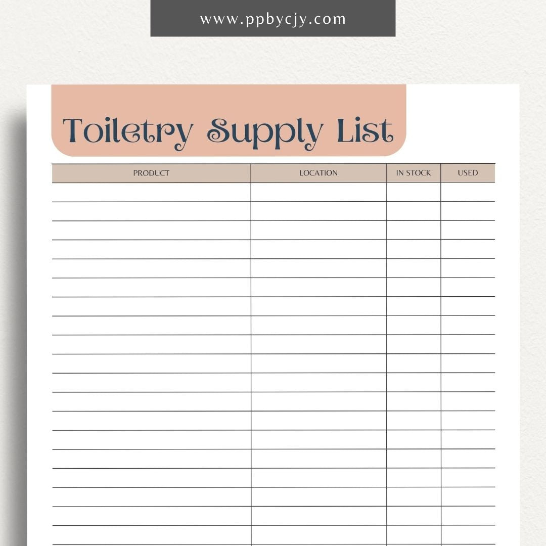 Toiletry Supply List Printable Template – Digital download for organizing and tracking bathroom essentials, personal care items, and travel packing