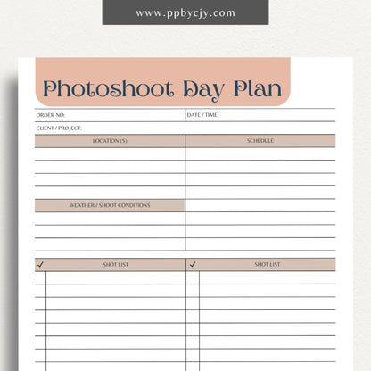 Photoshoot Day Plan Printable Template – Digital download for organizing and planning photography sessions, shoot day schedules, and equipment lists