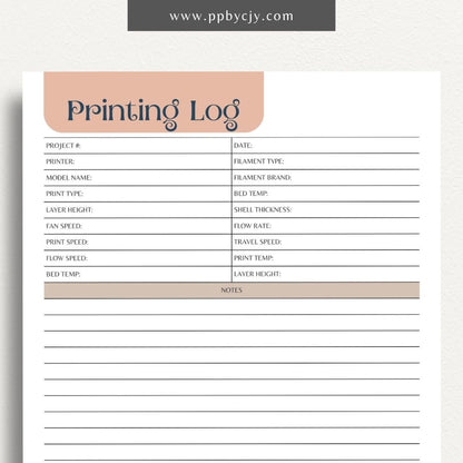 3D Printing Log Printable Template – Digital download for tracking and organizing 3D print jobs, settings, and project details