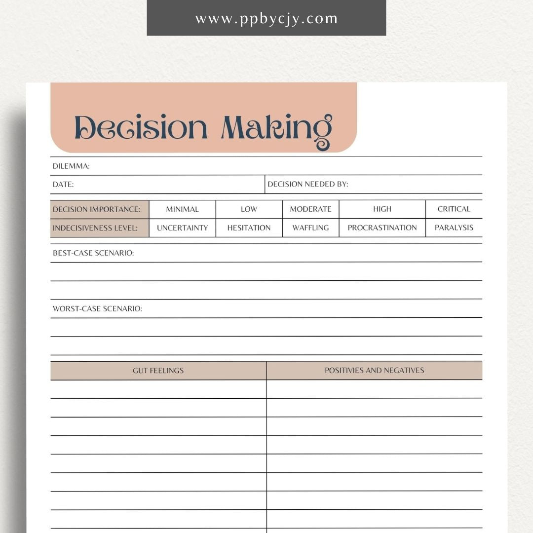 Decision-Making Sheet Printable Template – Digital download for evaluating options, listing pros and cons, and organizing thoughts for confident decision-making.