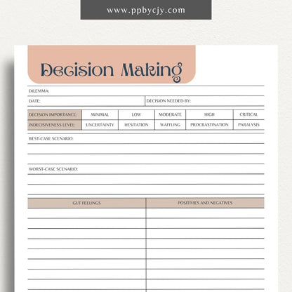 Decision-Making Sheet Printable Template – Digital download for evaluating options, listing pros and cons, and organizing thoughts for confident decision-making.