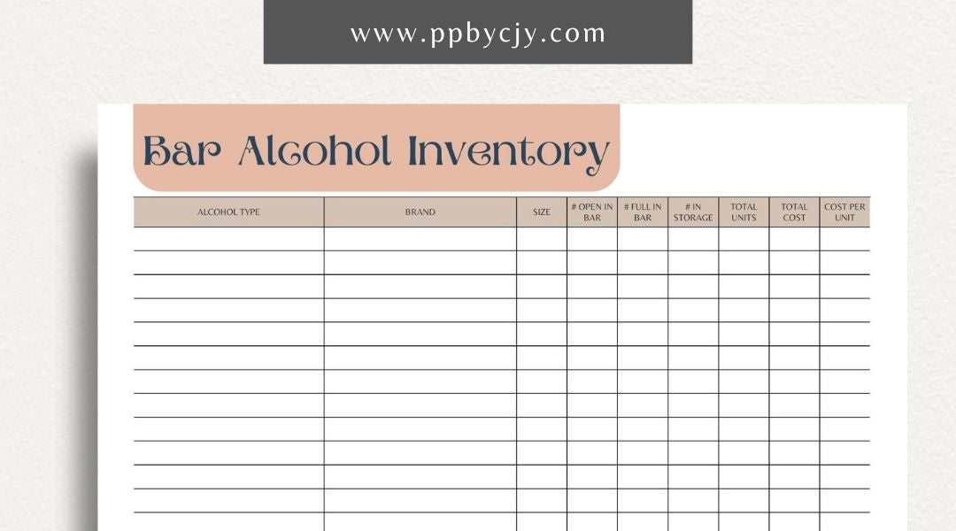 Alcohol Inventory Printable Template – Digital Download for Tracking and Managing Alcohol Stock