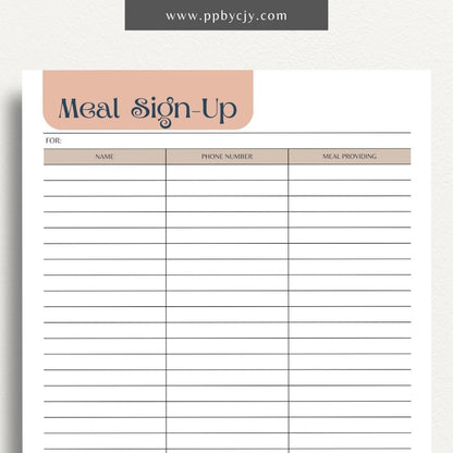 Meal Train Sign-Up Printable Template – Digital download for organizing and coordinating meal deliveries for someone in need.