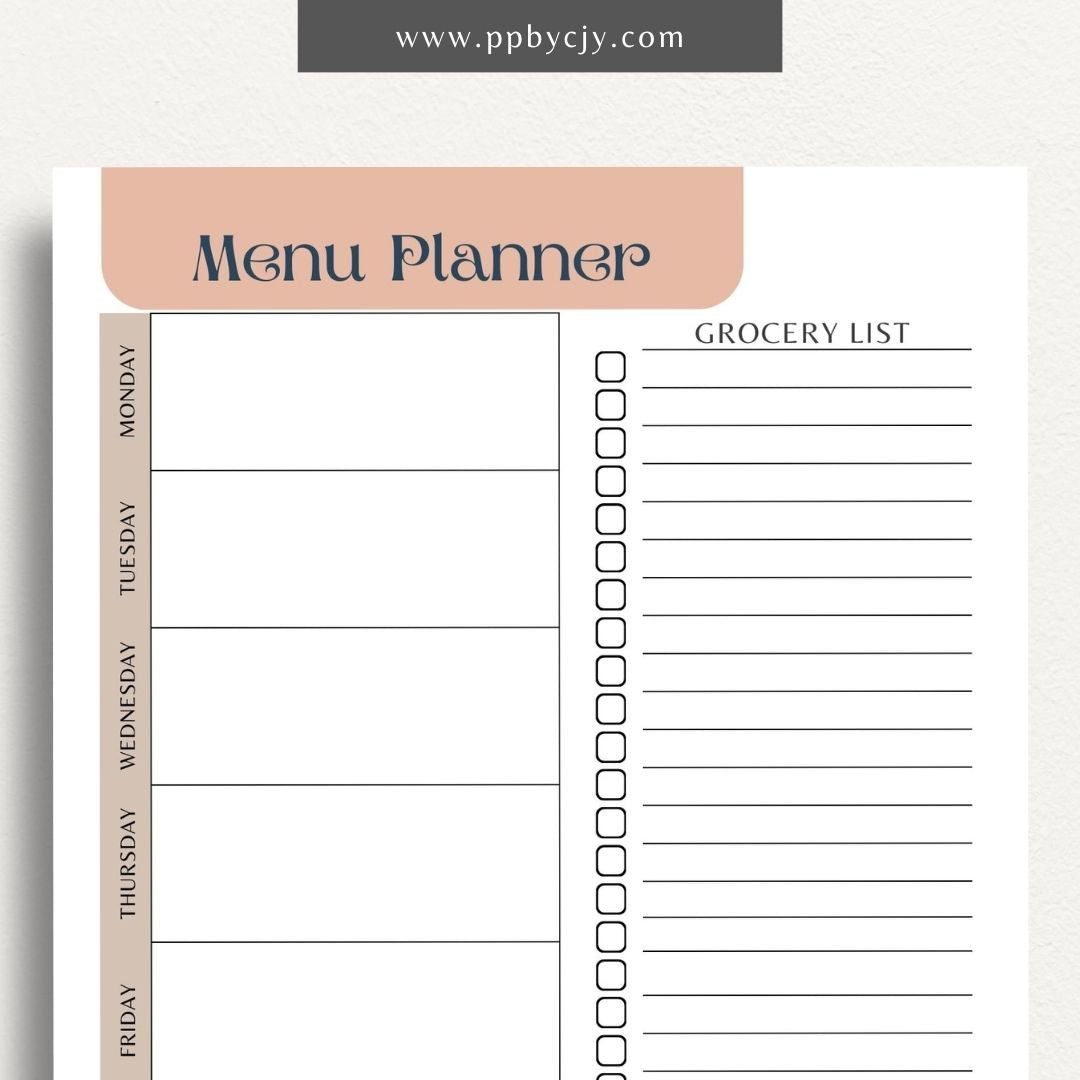 Weekly Meal Planner Printable Template – Digital download for organizing and planning meals for the week, including meal ideas, ingredients, and grocery lists