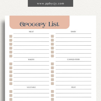 Food Grocery List Printable Template – Digital download for organizing and planning your grocery shopping.