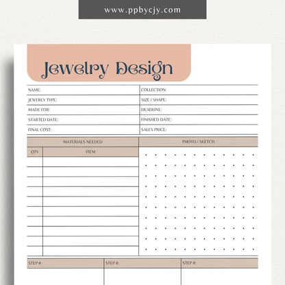 Jewelry Design Plan Printable Template – Digital download for organizing and planning jewelry designs with sections for sketches, materials, and measurements