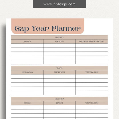 Gap Year Planner Printable Template – Digital download for organizing travel, setting goals, and tracking experiences during your gap year.