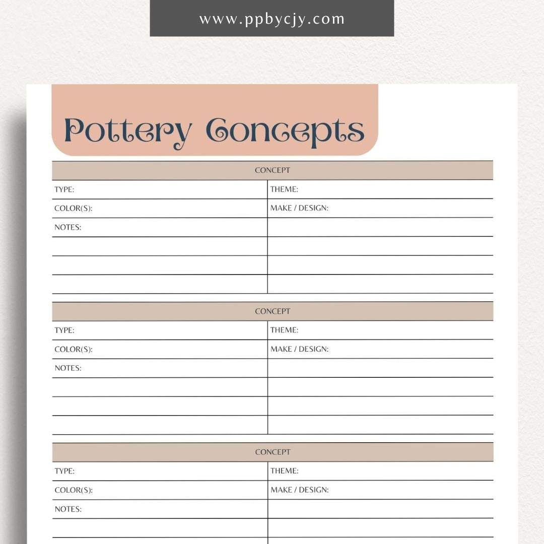 Pottery Concepts Printable Template – Digital download for planning and organizing ceramic design ideas, including sections for sketches, materials, and project tracking