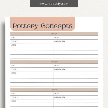 Pottery Concepts Printable Template – Digital download for planning and organizing ceramic design ideas, including sections for sketches, materials, and project tracking